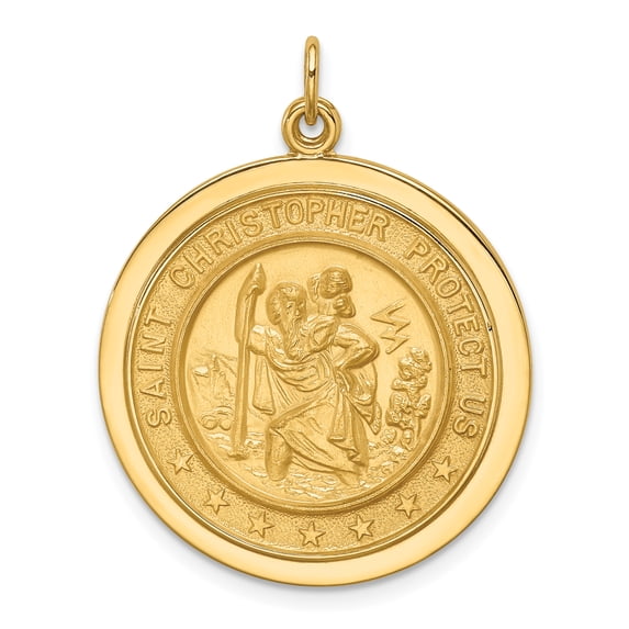 14k Yellow Gold Solid Solid Polished/Satin Medium Round Disc St. Christopher Medal Charm Pendant
