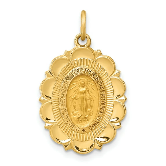 14k Yellow Gold Solid Solid Polished/Satin Small Fancy Oval Miraculous Medal Charm Pendant