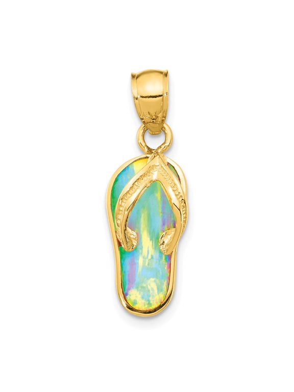 14k Yellow Gold Solid Texture Polished Finish with Created White Opal 3-Dimensional Flip Flop Sandle Charm Pendant