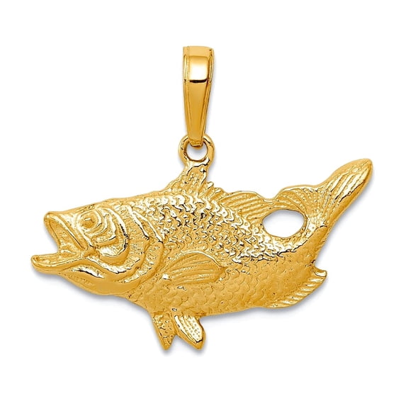 14k Yellow Gold Solid Textured Polished Open Mouthed Bass Animal Sealife Fish Pendant Necklace 20.3x22.7mm Pendant for W