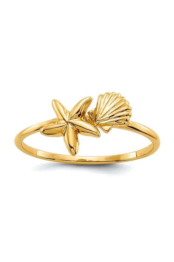 14k Yellow Gold Solid Textured Polished Shell and Starfish Ring Size 7.00 Ring for Women