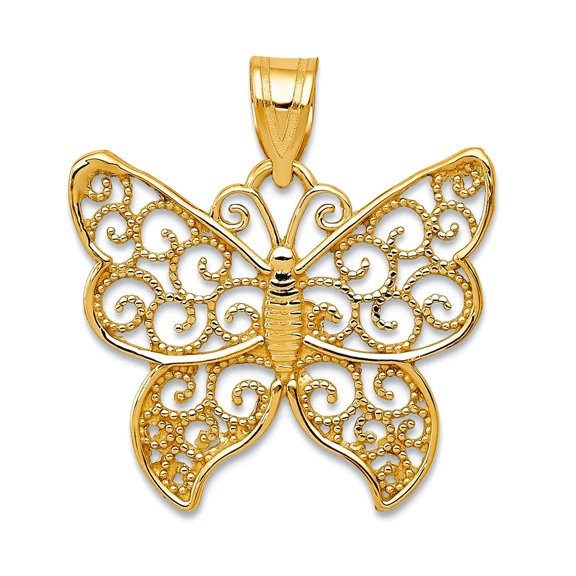 14k Yellow Gold Solid Textured Polished back Filigree Butterfly Angel Wings Pendant Necklace 22x20mm Wide Pendant for Wo