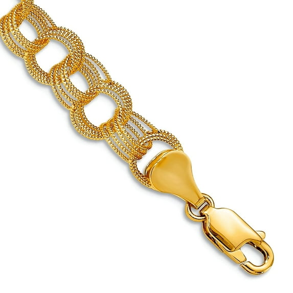 14k Yellow Gold Solid Triple Link Charm Bracelet 7 Inch Lobster Claw 7mm Wide Link Charm Bracelet for Women