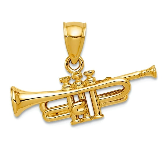 14k Yellow Gold Solid Trumpet Pendant Necklace 15x24mm Wide Pendant for Women - 1.9 Grams