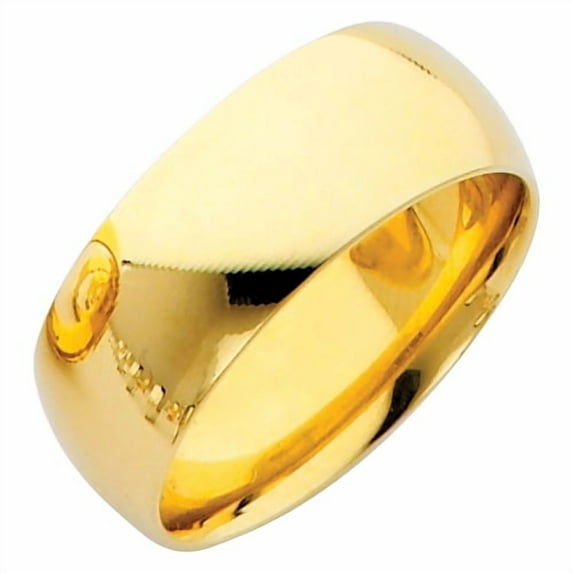 14k Yellow Gold Solid Wedding Ring Plain Band Polished Finish Comfort Fit Dome Heavy, 8 mm Size 7.5