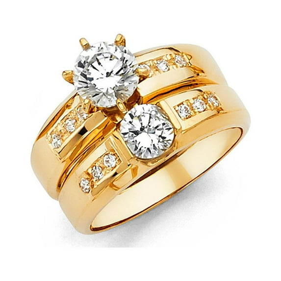 14k Yellow Gold Solitaire 1.85 ct CZ Wedding Band Ring Trio Set His & Hers