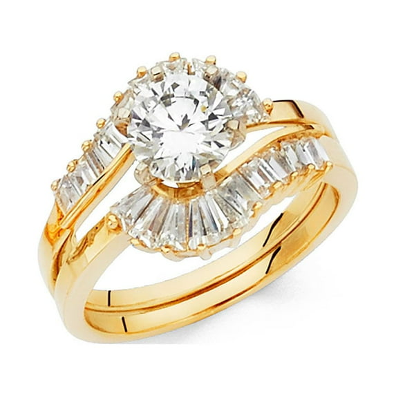 14k Yellow Gold Solitaire CZ Engagement Ring & Wedding Band Set Bridal Rings Set CZ Side Stones Size 5