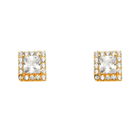 14k Yellow Gold Solitaire Halo Square Cubic Zirconia Earrings With P Back 6x7mm Stud Earring for Women