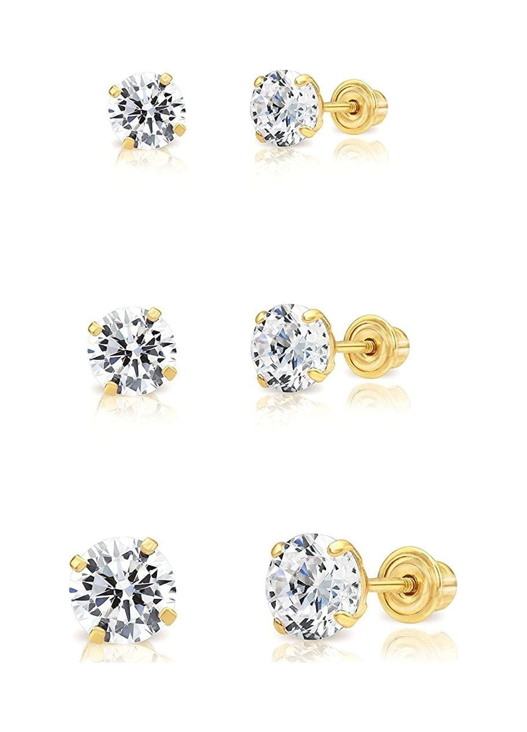 14k Yellow Gold Solitaire Round Cubic Zirconia Stud 3 Pair Earring Set 3mm, 4mm, 5mm