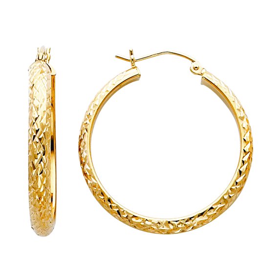 14k Yellow Gold Sparkle-Cut 3.5mm Half Round Tube Hoop 30mm Earrings Hoop Earring for Women