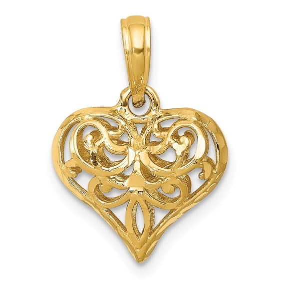 14k Yellow Gold Sparkle-Cut Open Filgree Fleur-de-lis Heart Pendant (small) - Measures 20x8mm Wide