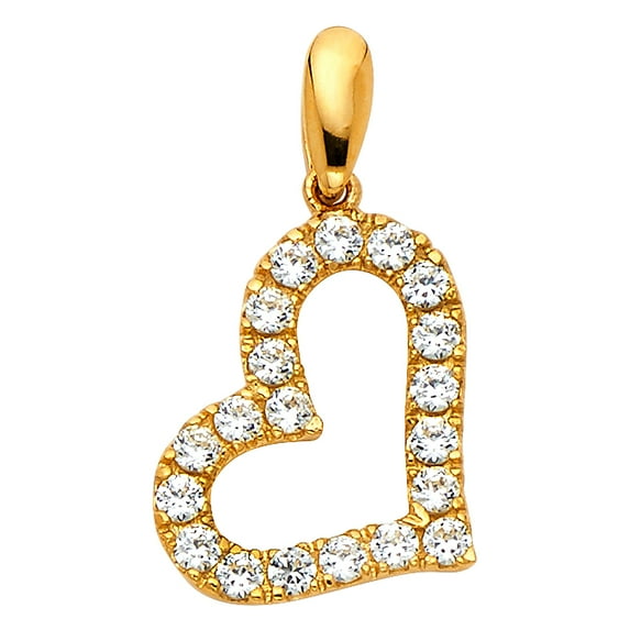 14k Yellow Gold Sparkling Clear Cubic Zirconia Tilted Heart Pendant Romantic Charm Jewelry Female