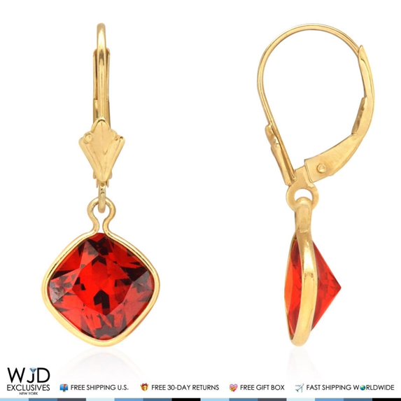 14k Yellow Gold Square Bezel Birthstone Dangle Drop Leverback Earrings 1"