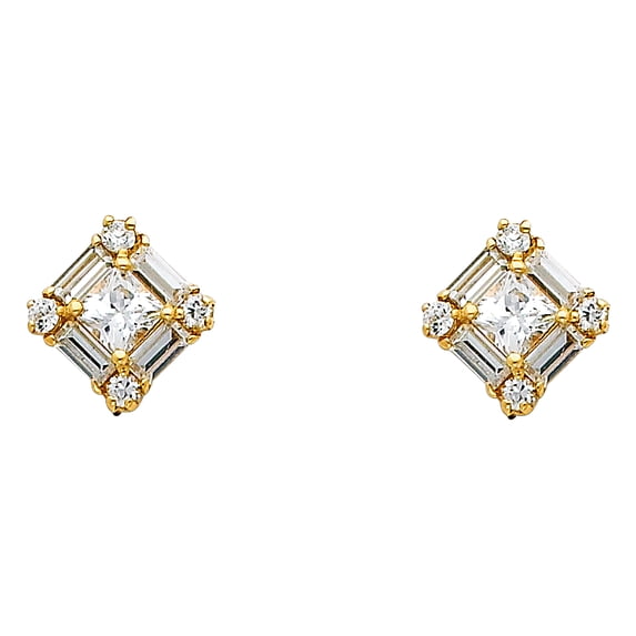 14k Yellow Gold Square Cubic Zirconia Earrings , (11mm x 11mm)