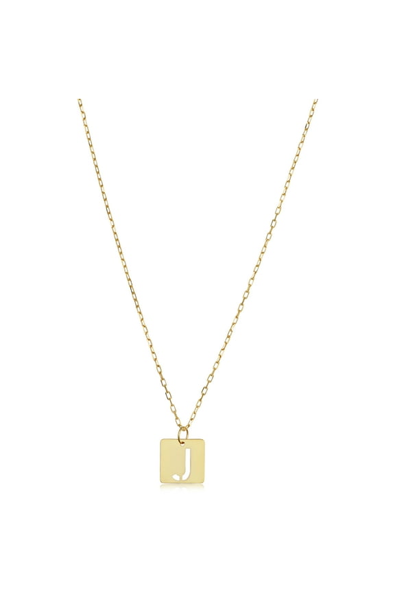 14k Yellow Gold Square Tile Cut-Out Initial Pendant Necklace - Letter J