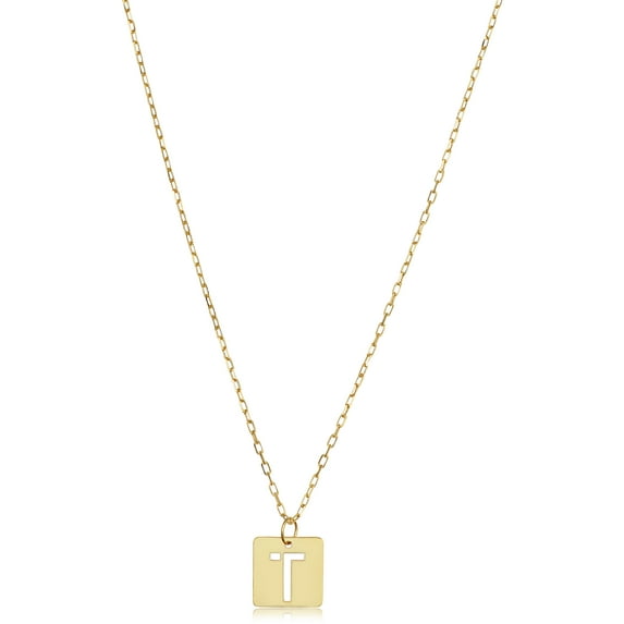 14k Yellow Gold Square Tile Cut-Out Initial Pendant Necklace - Letter T