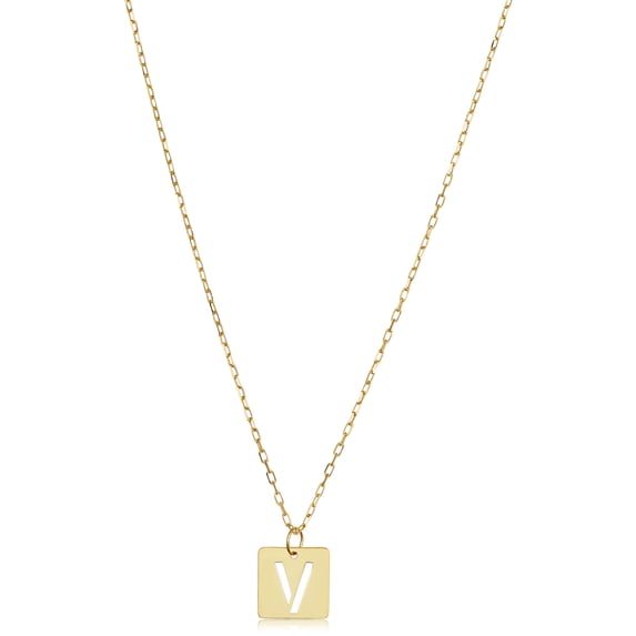 KoolJewelry 14k Yellow Gold Square Tile Cut-Out Initial Pendant Necklace - Letter V