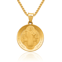 14K Solid Yellow Gold Saint Benedict Medal Necklace Chain Pendant Charm