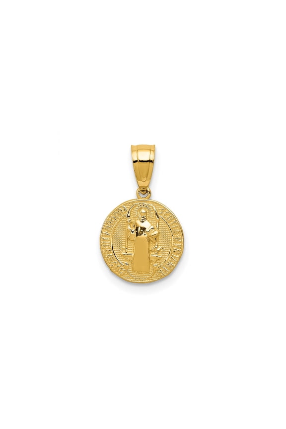 14k Yellow Gold St Benedict Medal Pendant with Cross and Book, Latin Inscription Christian Religious Jewelry for Men and Women, Catholic Spiritual Protection Charm