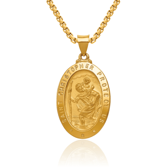 14K Solid Yellow Gold Saint Christopher Medal Patron of Travelers Athletes Protection Necklace Christian Religious Chain Pendant Faith Charm