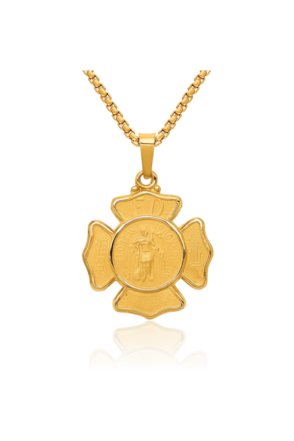 14K Solid Yellow Gold Saint Florian Medal Necklace Chain Pendant Charm