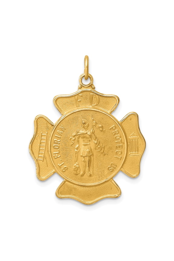 14k Yellow Gold St Florian Pendant for Men with Maltese Cross, Firefighter Medal Necklace, Catholic Saint Jewelry for Protection, Christian Symbol of Bravery and Faith