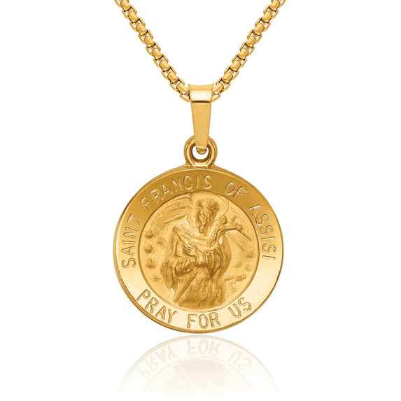 14K Solid Yellow Gold Saint Francis of Assisi Medal Necklace Chain Pendant Charm