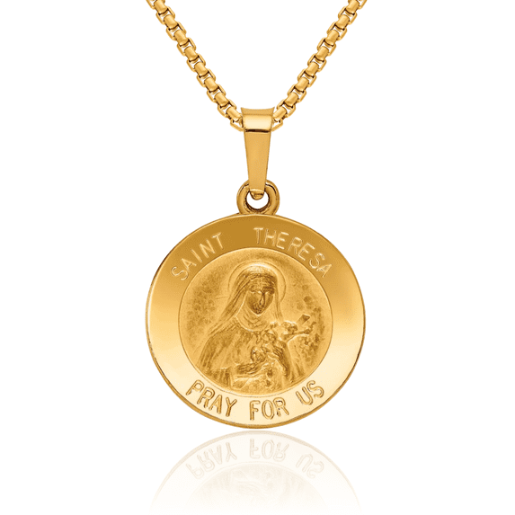 14K Solid Yellow Gold Saint Theresa Medal Necklace Chain Pendant Charm