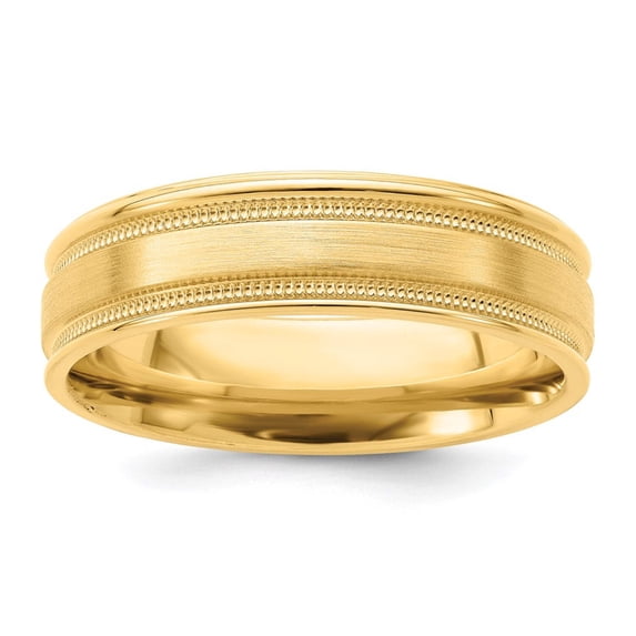 14k Yellow Gold 6mm Standard Weight Comfort Fit Brushed Satin/Polished Milgrain Grooved Edge Wedding Band Size 11 YB102S