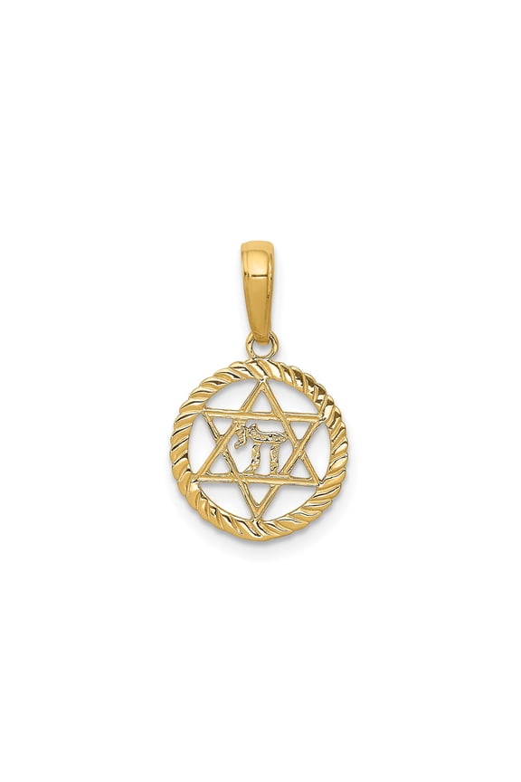 14k Yellow Gold Star of David Pendant with Hebrew Chai Symbol, Rope Detail Judaica Necklace for Men and Women, Religious Spiritual Jewish Jewelry, Elegant Faith Design