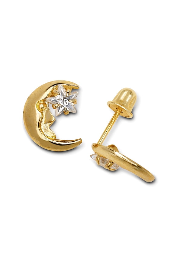 14k Yellow Gold Star Shaped CZ Crescent Celestial Moon Screw Back Earrings (8mm X 10mm) (Yellow Gold) Stud Earring for W