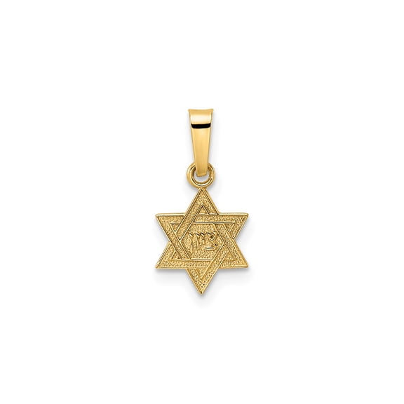 14K Yellow Gold Solid Star of David Pendant, Polished & Textured, 12.15 mm