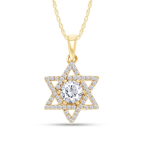 14k Yellow Gold Sterling Silver Center 6MM Round Lab Created Moissanite Diamond Jewish Faith Star Of David Symbol Pendant Necklace Religious Jewelry for Women 18" Chain, 1.25 cttw