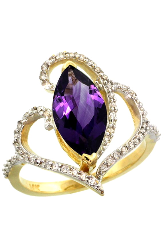 14k Yellow Gold Stone Amethyst Ring Marquise 14x7mm Diamond Accents, size 7.5