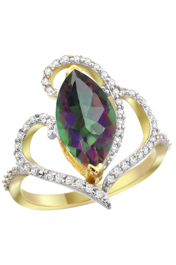 14k Yellow Gold Stone Mystic Topaz Ring Marquise 14x7mm Diamond Accents, size 6.5
