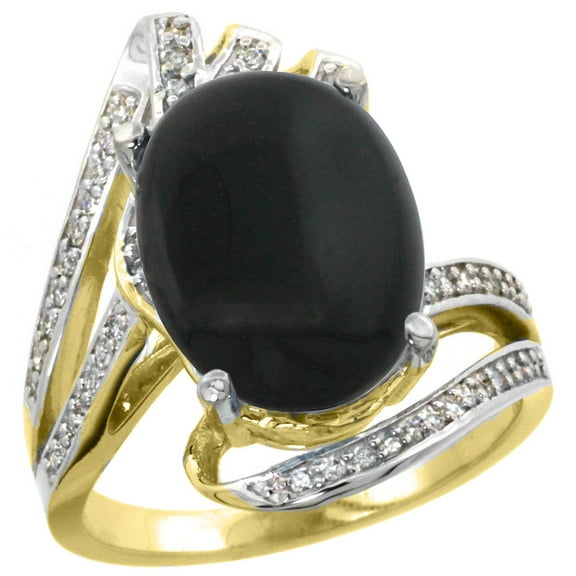 14k Yellow Gold Stone Natural Black Onyx Bypass Ring Diamond Accents Oval 14x10mm, size 5.5