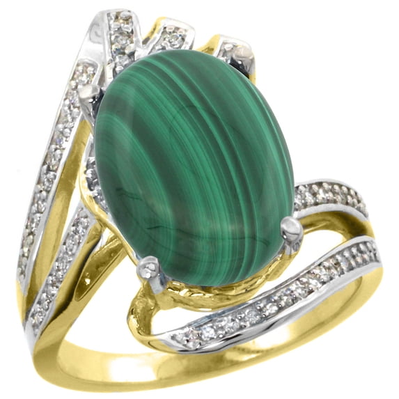 14k Yellow Gold Stone Natural Malachite Bypass Ring Diamond Accents Oval 14x10mm, size 6