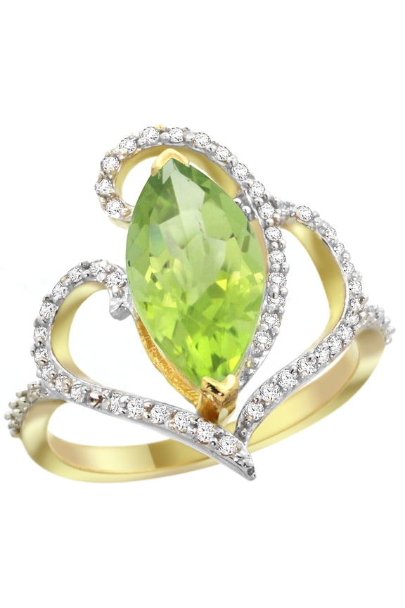 14k Yellow Gold Stone Peridot Ring Marquise 14x7mm Diamond Accents, size 5.5