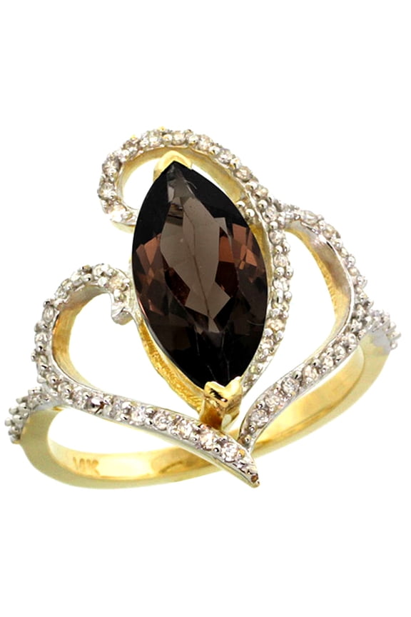 14k Yellow Gold Stone Smoky Topaz Ring Marquise 14x7mm Diamond Accents, size 8.5