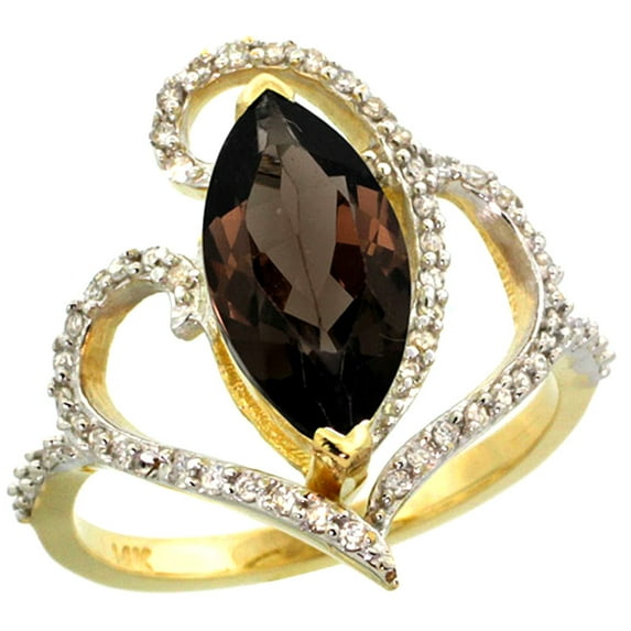 14k Yellow Gold Stone Smoky Topaz Ring Marquise 14x7mm Diamond Accents, size 8