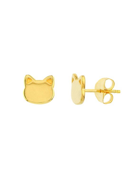 14k Yellow Gold Stud Earrings Cat Face Shape Stud Earring for Women