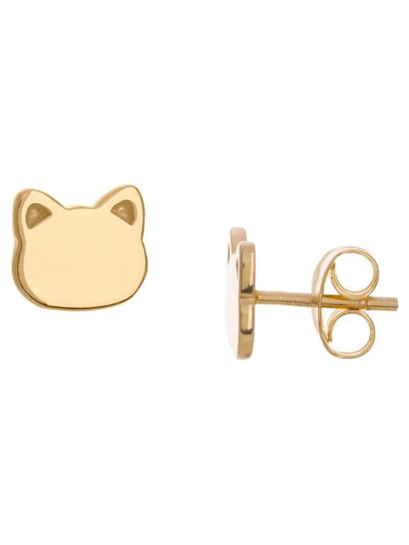 14k Yellow Gold Stud Earrings Cat Face Shape