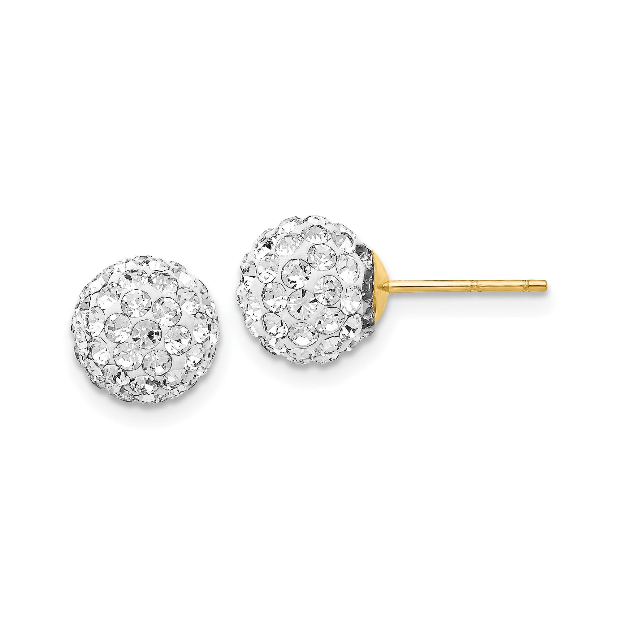 14k Yellow Gold Stud Earrings for Women, Dome Ball Shape with Clear Crystal Pave, Elegant Sparkly Design for Everyday and Formal Wear, Lightweight Classic Style