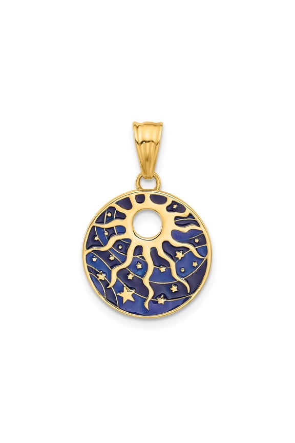 14k Yellow Gold Sunburst and Stars Pendant for Women, Round Blue Enamel Celestial Charm, Astrology Spiritual Jewelry, Cosmic Universe Symbol Necklace