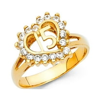 14k Yellow Gold Sweet 15 Ring Heart Quinceanera Band CZ Stylish Design Polished Finish Size 7