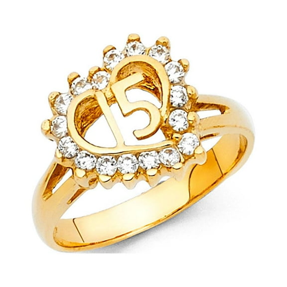 14k Yellow Gold Sweet 15 Ring Heart Quinceanera Band CZ Stylish Design Polished Finish Size 7