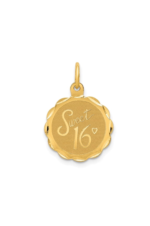 14k Yellow Gold Sweet 16 Pendant Charm with Heart and Scalloped Edge, Milestone Jewelry for Teen, Disc for Necklace or Bracelet, Coming of Age Celebration Accessory