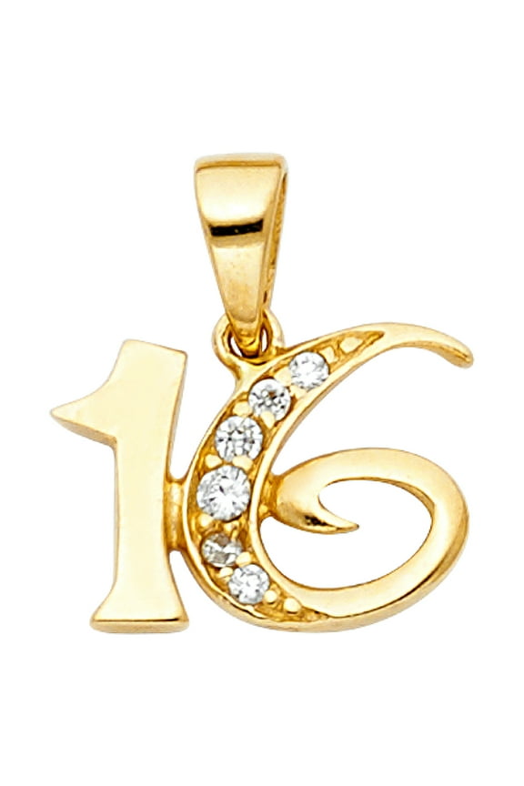 14k Yellow Gold Sweet Sixteen Pendant 16 Years Old Clear Cubic Zirconia Number Charm Jewelry Female