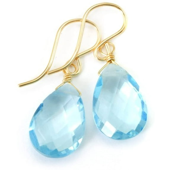 14k Yellow Gold Swiss Blue Light Earrings Faceted Pear Simulated Topaz Teardrops Briolette Cut