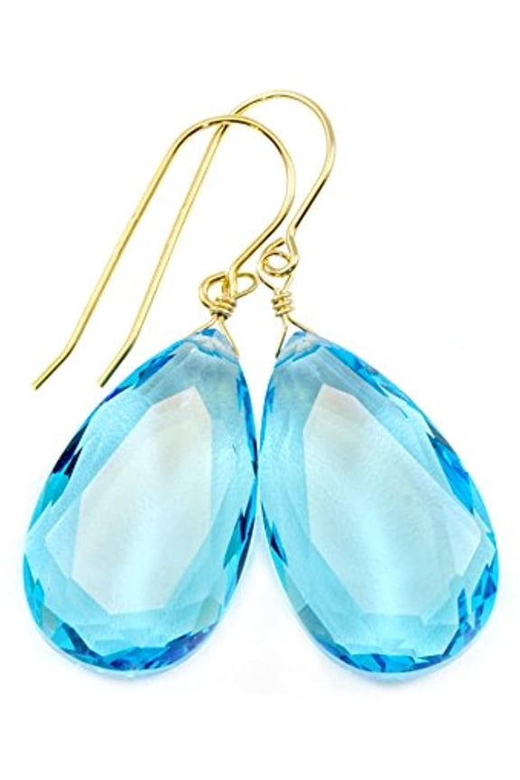 14k Yellow Gold Swiss Blue Simulated Topaz Earrings Faceted Large Pear Teardrops Simple Briolette Dangle Drops